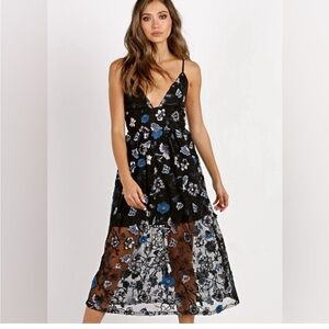 For Love And Lemons Black and Blue Floral Midi Dress
